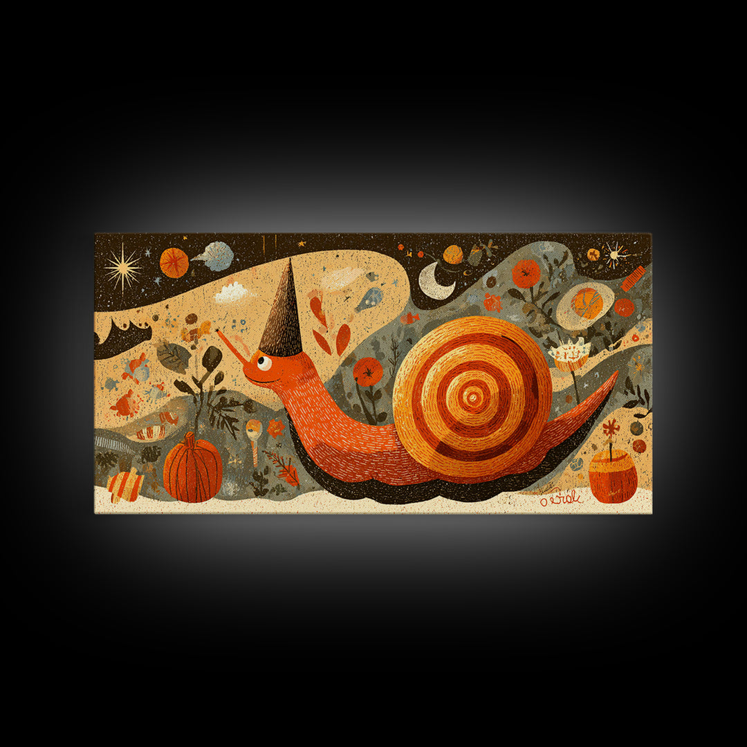 The Cinnamon-Roll Snail Witch, Screenprint Halloween Art, Wide Panoramic Art, Framed Canvas Print, Cute Halloween Wall Art