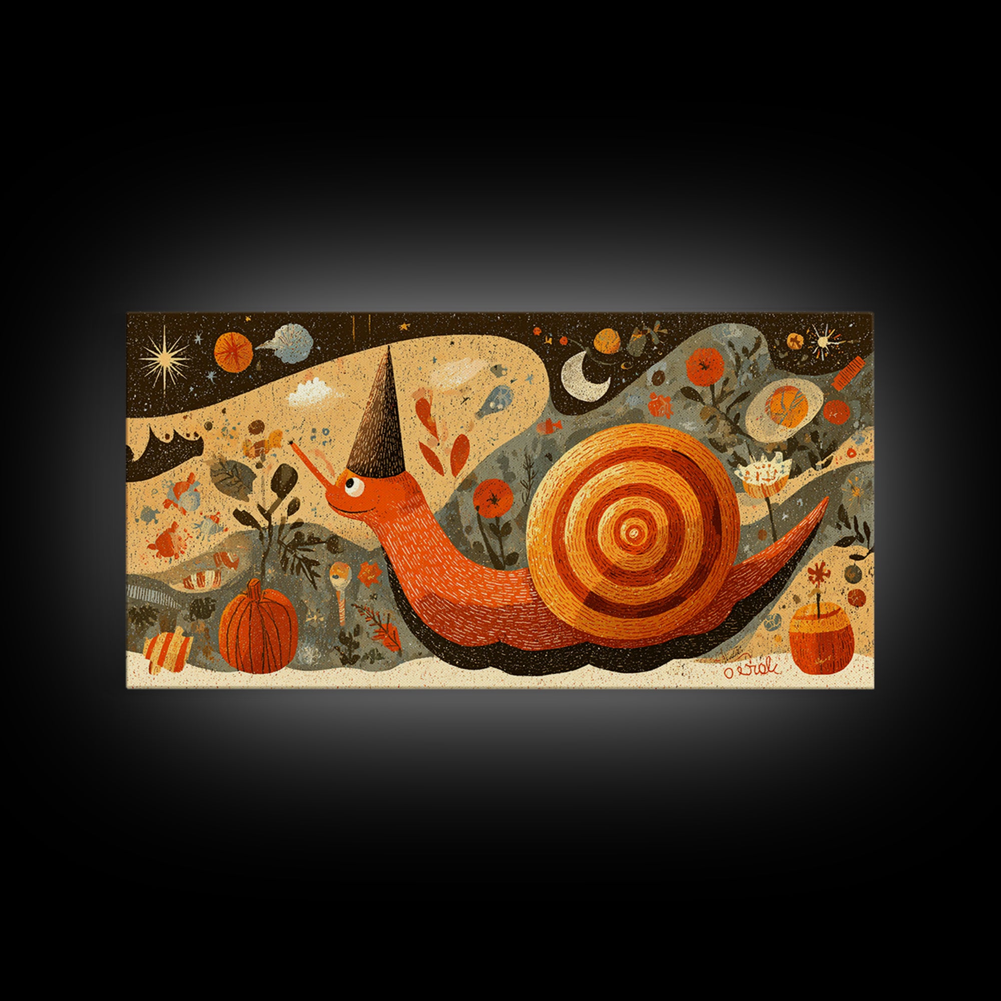 The Cinnamon-Roll Snail Witch, Screenprint Halloween Art, Wide Panoramic Art, Framed Canvas Print, Cute Halloween Wall Art