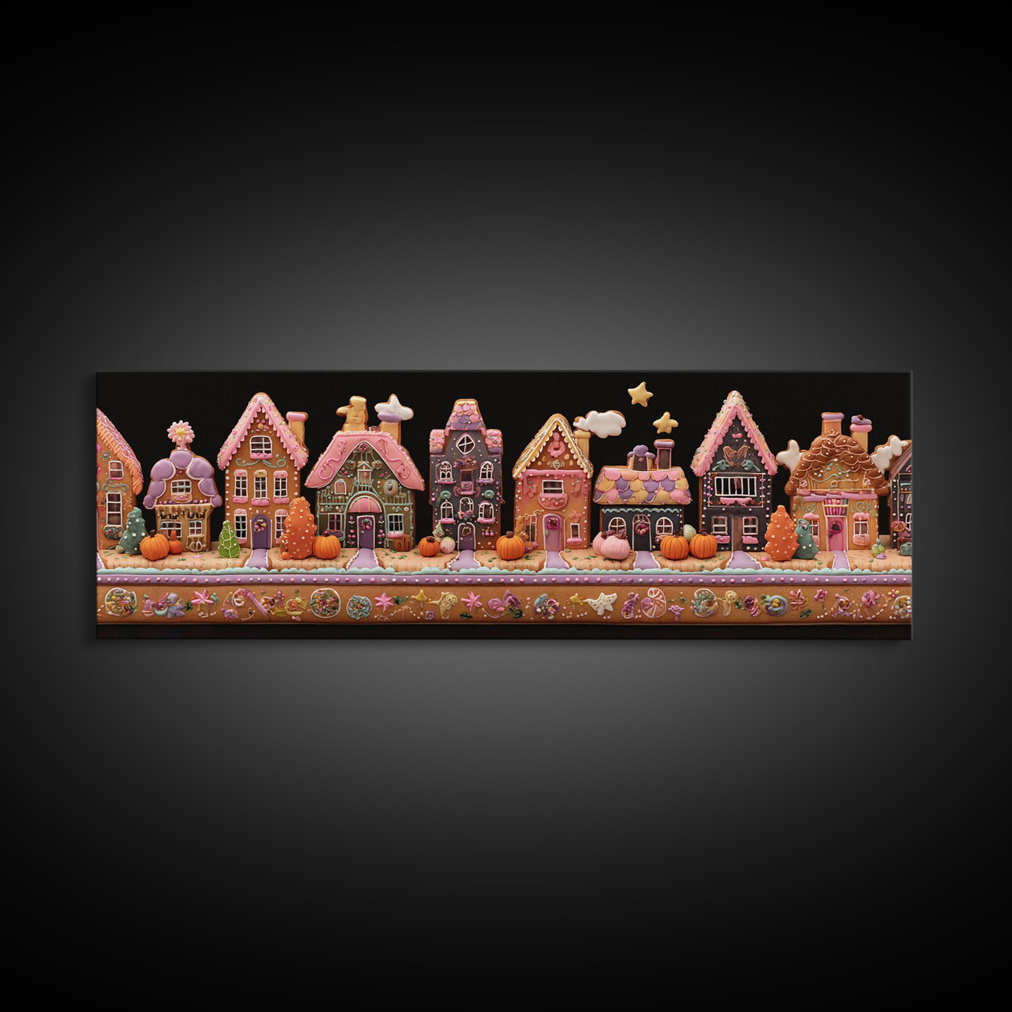 The Halloween Gingerbread Village, Folk Halloween Art, Extra Wide Wall Art, Canvas Print, Cute Halloween Wall Art