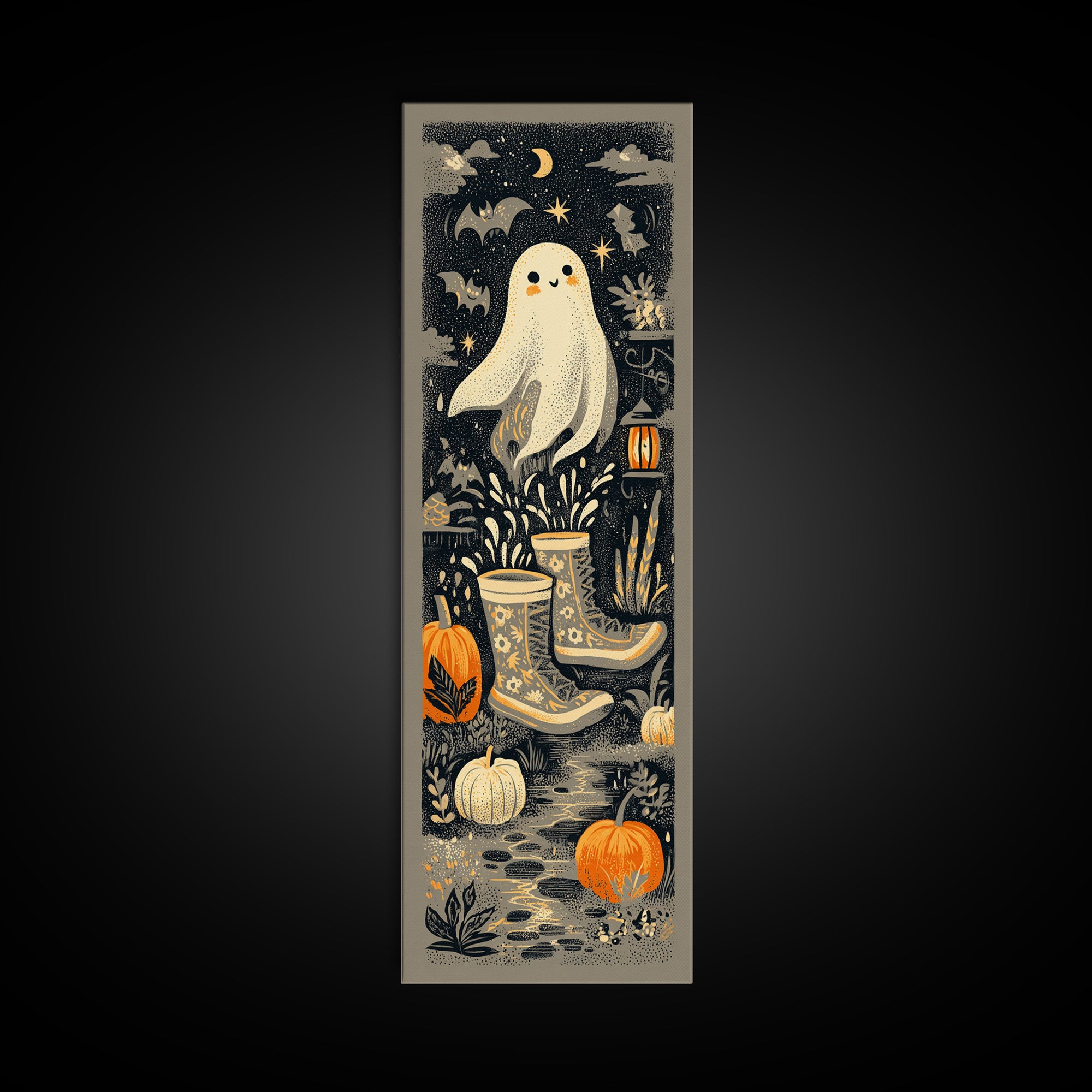 The Ghost In Rain Boots, Linocut Halloween Art, Tall Narrow Wall Art, Framed Canvas Print, Cute Halloween Wall Art