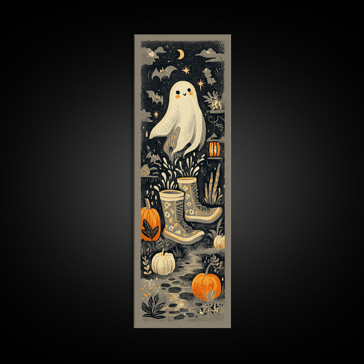 The Ghost In Rain Boots, Linocut Halloween Art, Tall Narrow Wall Art, Framed Canvas Print, Cute Halloween Wall Art