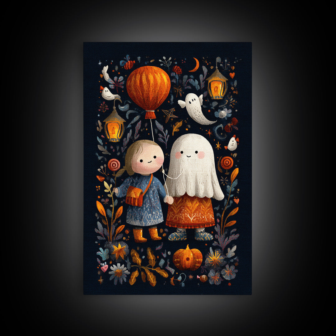 The Ghost Balloon Friend, Embroidered Halloween Art, Vertical Wall Art, Canvas Print, Cute Halloween Wall Art
