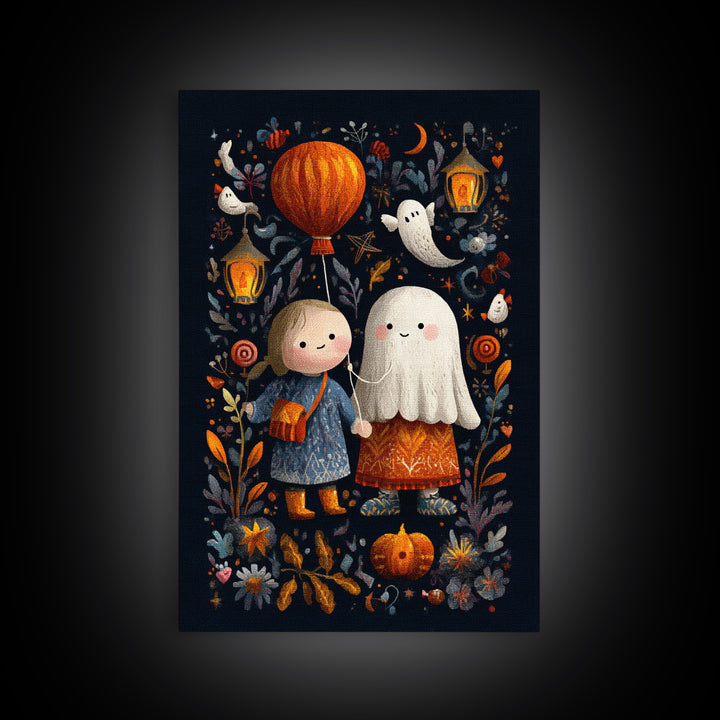 The Ghost Balloon Friend, Embroidered Halloween Art, Vertical Wall Art, Canvas Print, Cute Halloween Wall Art