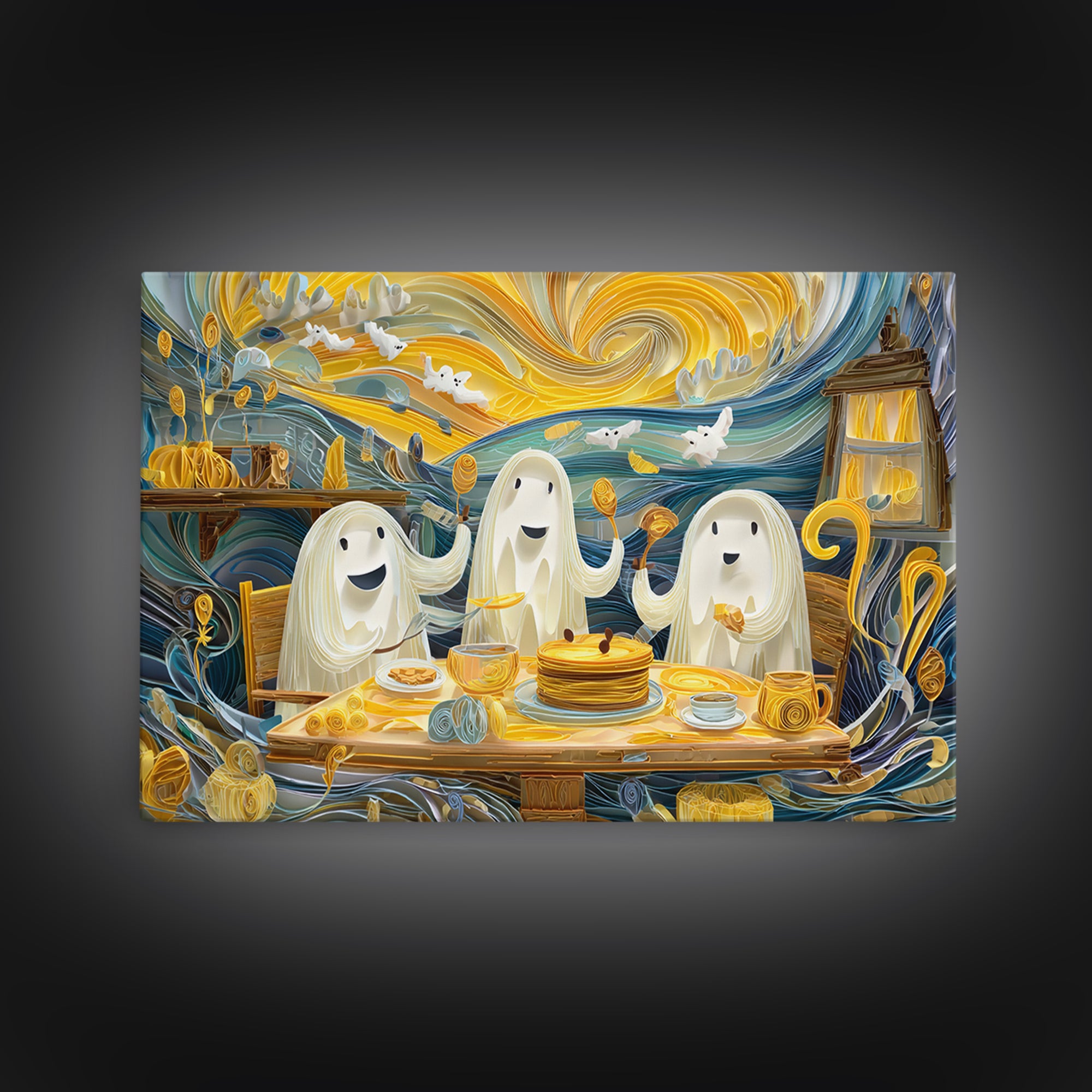 The Ghost Family Breakfast, Quilled Halloween Art, Landscape Wall Art, Framed Canvas Print, Cute Halloween Wall Art