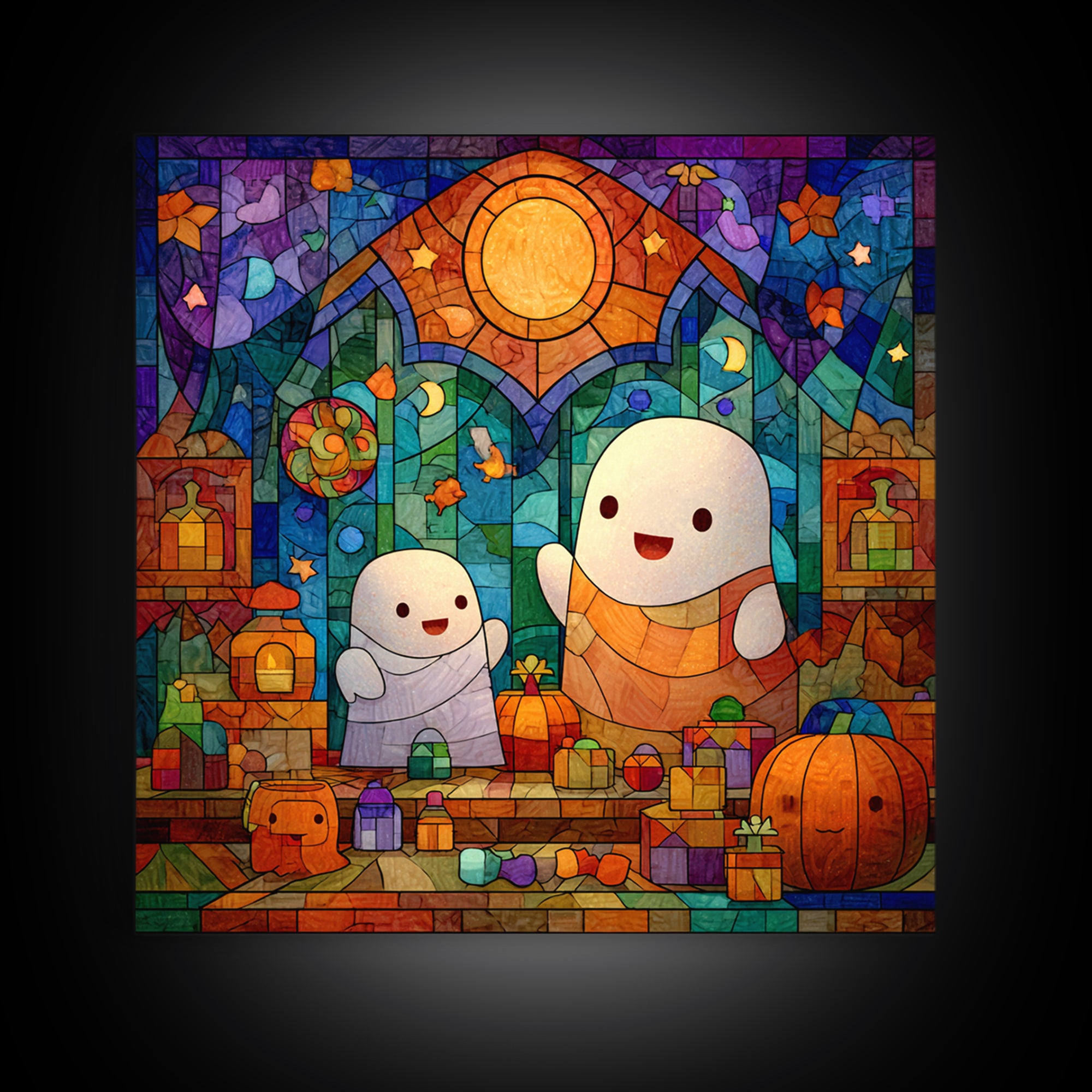 The Ghost Daycare, Stained Glass Halloween, Square Wall Art, Canvas Print, Cute Halloween Wall Art, Halloween Kids Decor