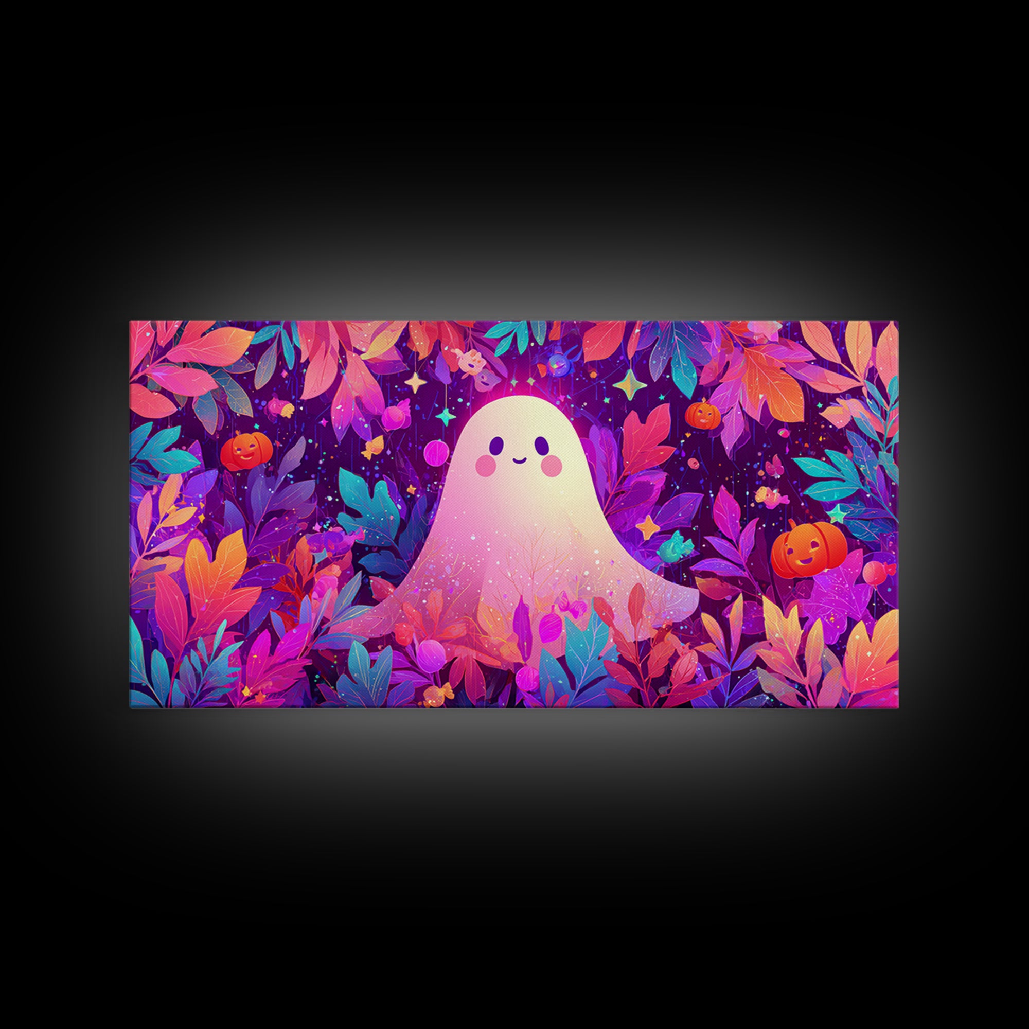 The Ghost With A Flower Crown, Vaporwave Halloween Art, Wide Panoramic Art, Framed Canvas Print, Cute Halloween Wall Art