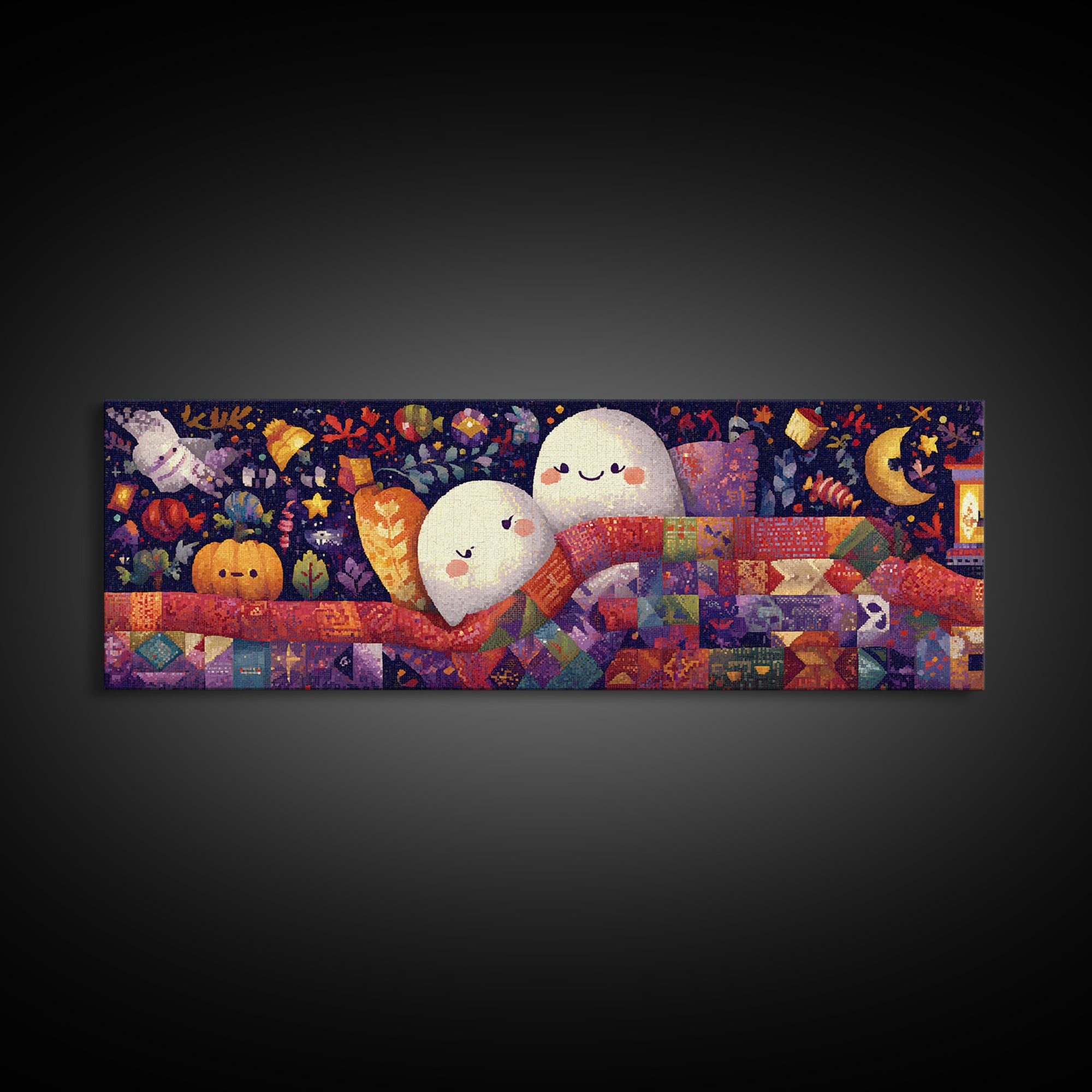 The Sleepy Blanket Ghost, Pixel Halloween Art, Extra Wide Wall Art, Canvas Print, Cute Halloween Wall Art