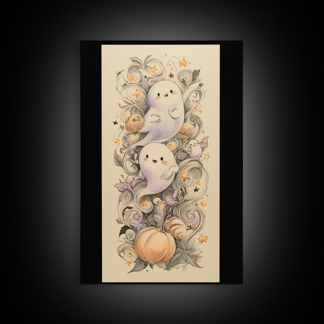 The Ghost And Firefly Friends, Hand Sketch Halloween Art, Vertical Wall Art, Canvas Print, Cute Halloween Wall Art