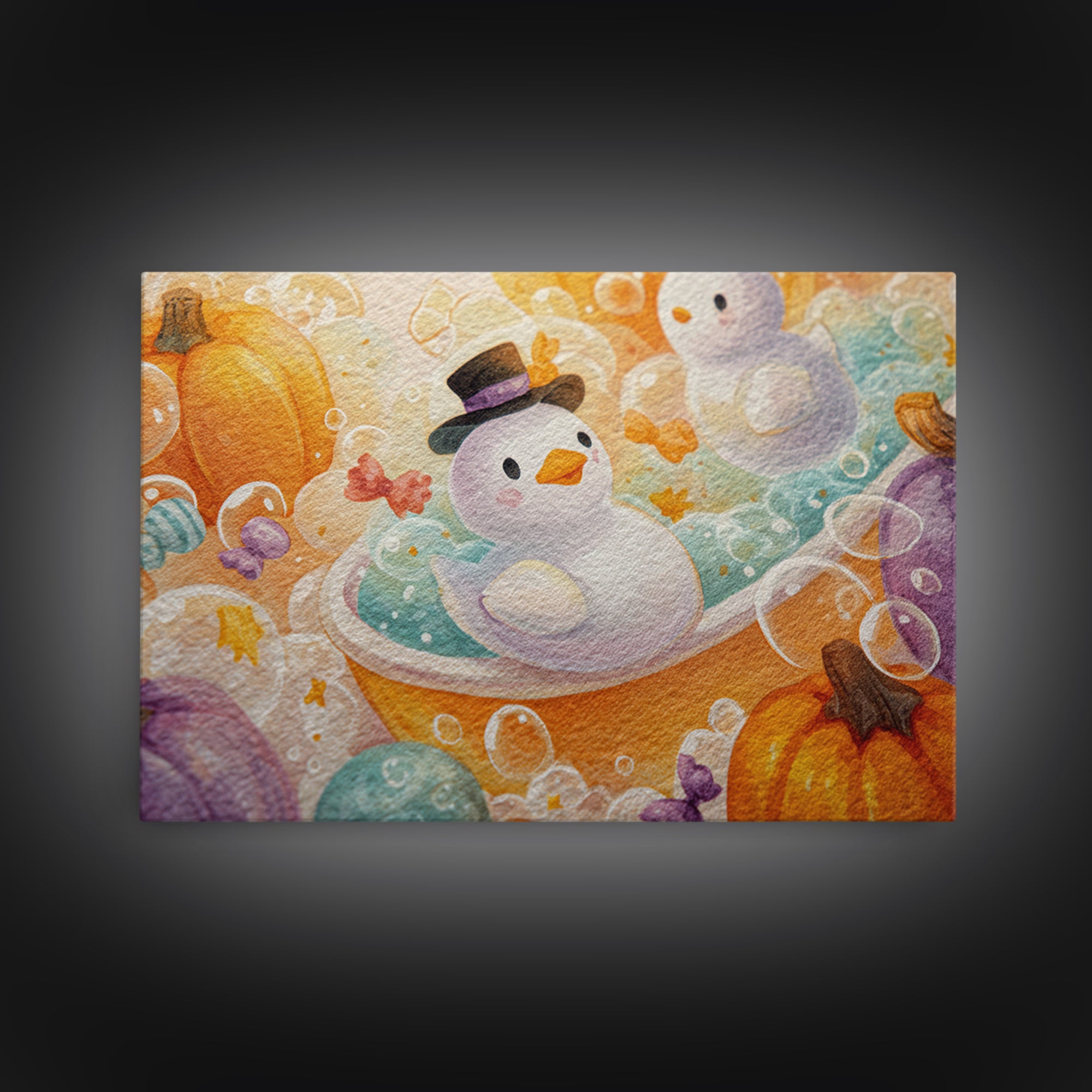 The Ghost Bubble Bath, Watercolor Halloween Art, Landscape Wall Art, Framed Canvas Print, Cute Halloween Wall Art