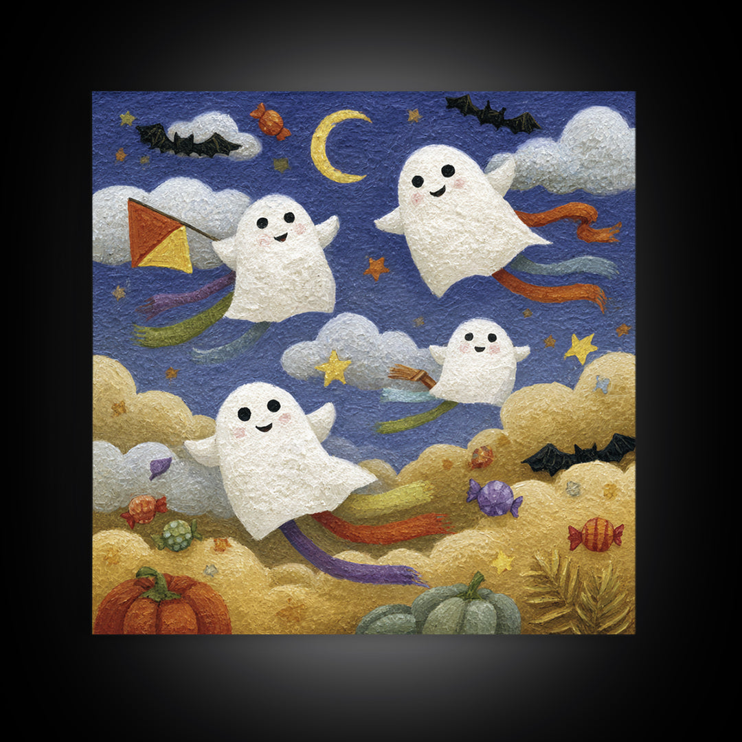 The Ghost Kite Festival, Gouache Halloween Art, Square Wall Art, Canvas Print, Cute Halloween Wall Art