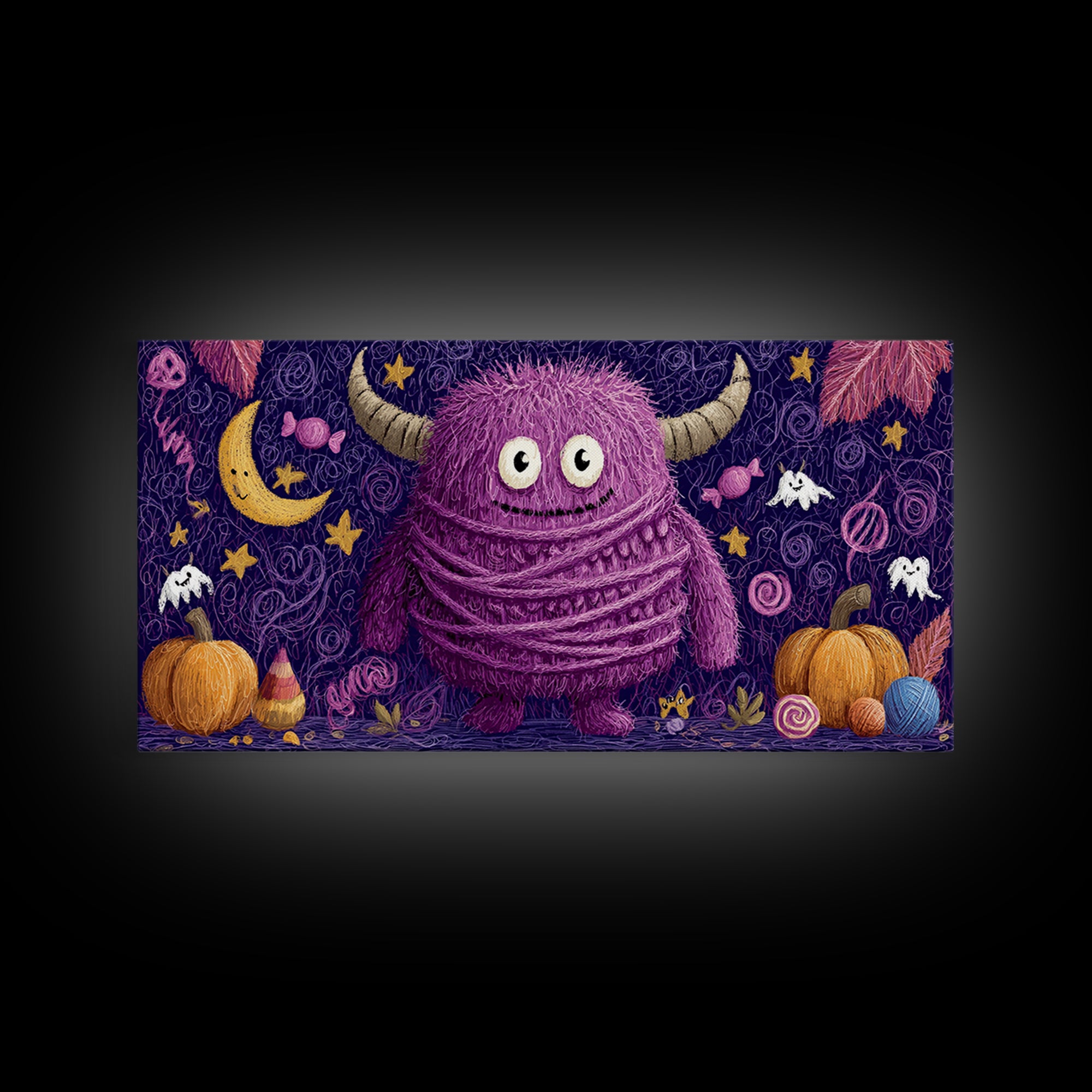 The Fuzzy Purple Monster, Crayon Halloween Art, Wide Panoramic Art, Framed Canvas Print, Cute Halloween Wall Art