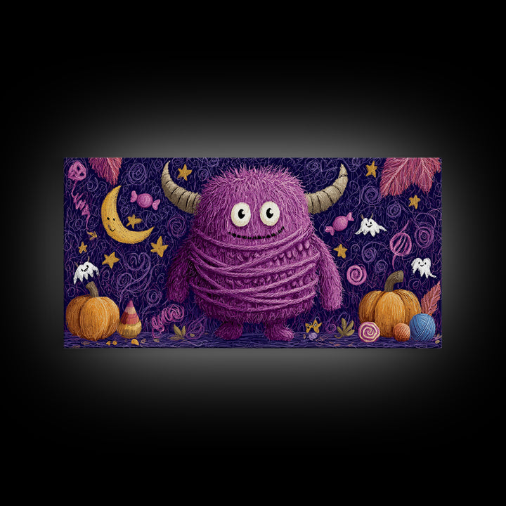 The Fuzzy Purple Monster, Crayon Halloween Art, Wide Panoramic Art, Framed Canvas Print, Cute Halloween Wall Art