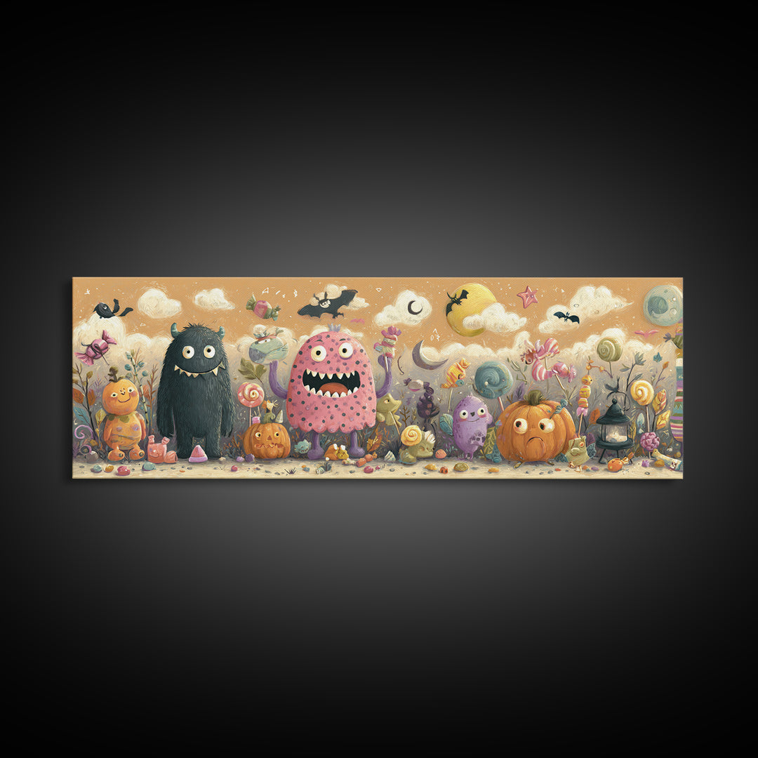 The Polka-Dot Monster, Pastel Halloween Art, Extra Wide Wall Art, Canvas Print, Cute Halloween Wall Art
