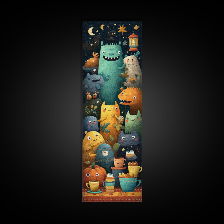 The Monster Under The Bed Tea Party, Paper Collage Halloween, Tall Narrow Wall Art, Framed Canvas Print, Cute Halloween Wall Art