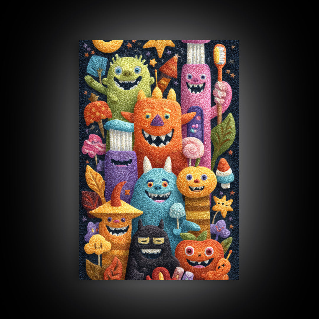 The Monster Toothbrush Club, Felt Halloween Art, Vertical Wall Art, Canvas Print, Cute Halloween Wall Art