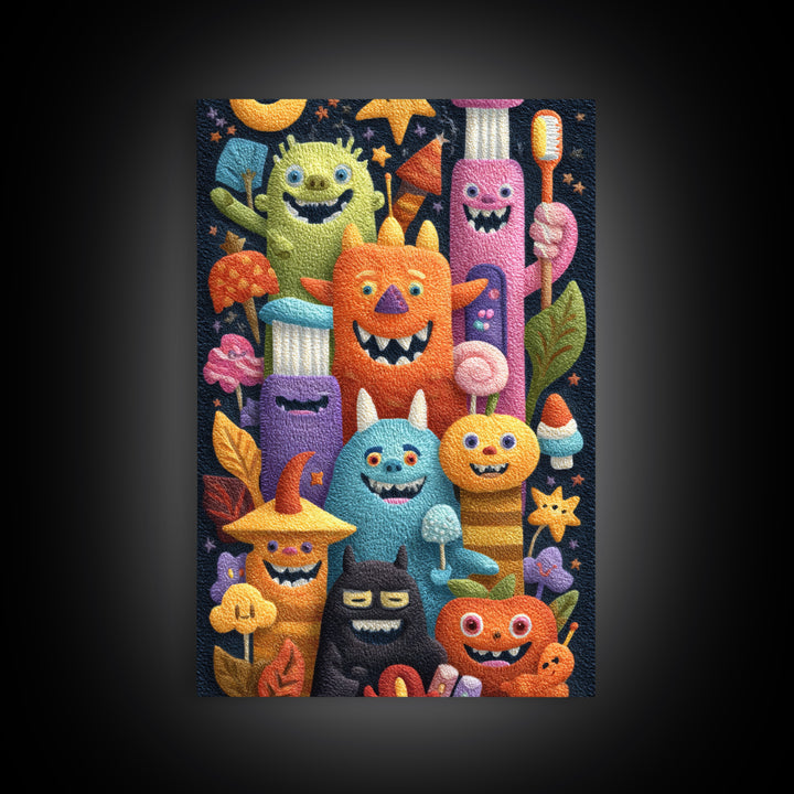 The Monster Toothbrush Club, Felt Halloween Art, Vertical Wall Art, Canvas Print, Cute Halloween Wall Art