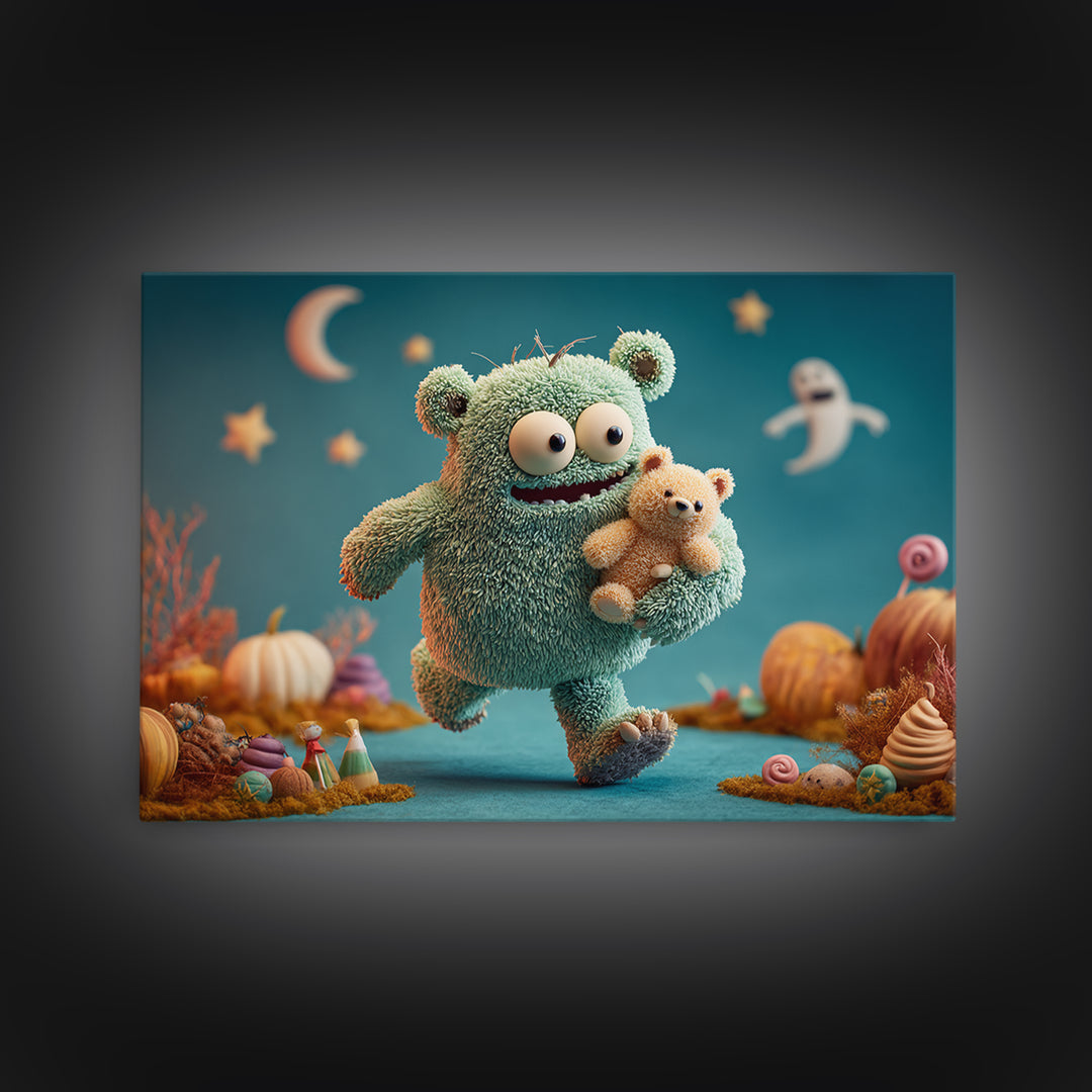 The Three-Eyed Teddy Monster, Clay Halloween Art, Landscape Wall Art, Framed Canvas Print, Cute Halloween Wall Art