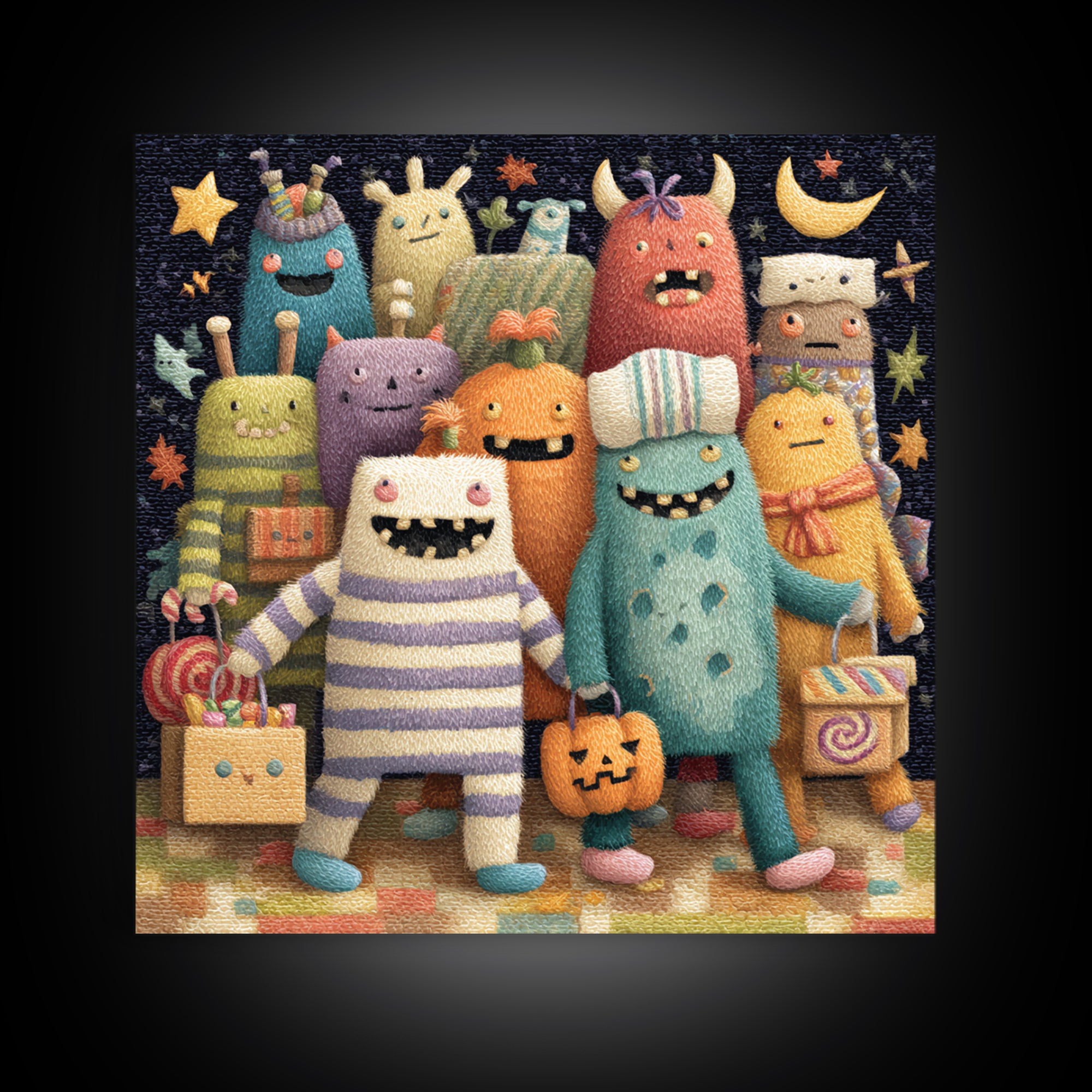 The Monster Pajama Parade, Plush Halloween Art, Square Wall Art, Canvas Print, Cute Halloween Wall Art