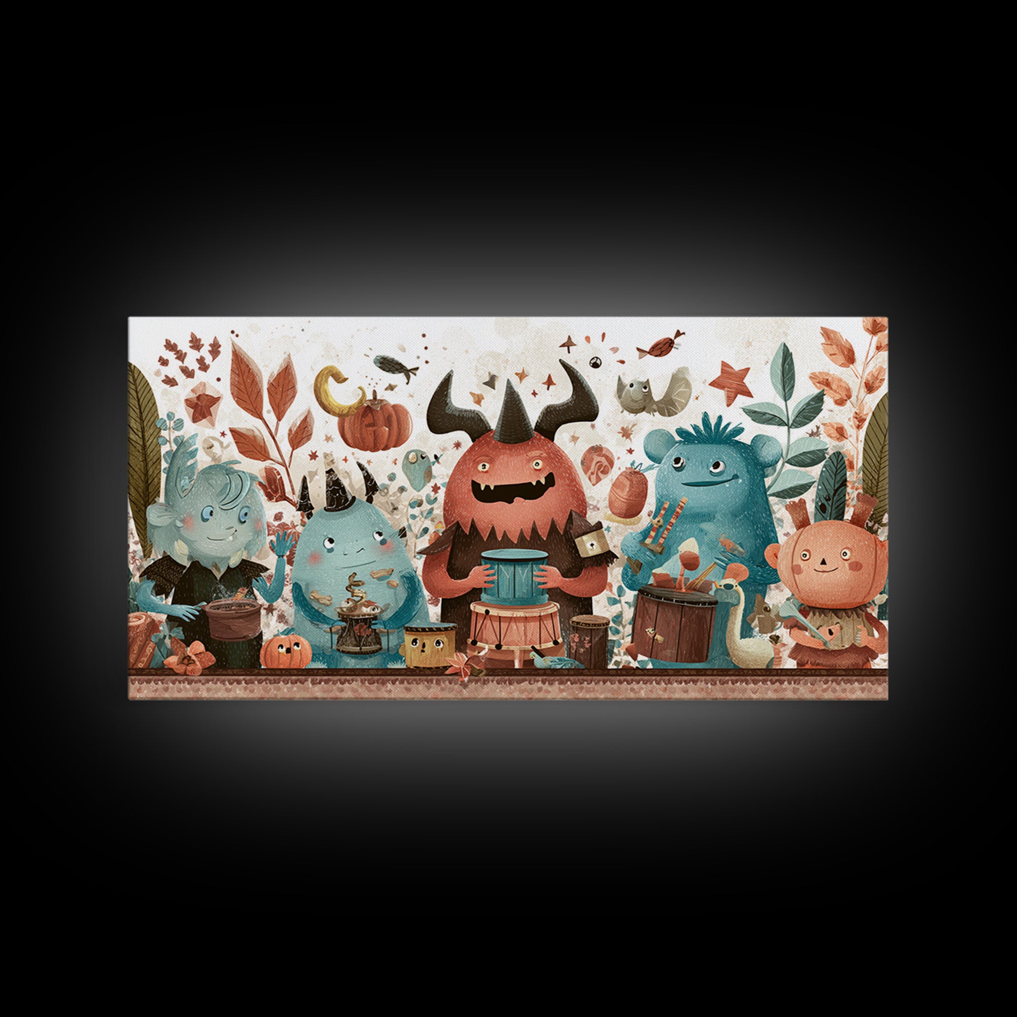The Little Monster Orchestra, Kawaii Halloween Art, Wide Panoramic Art, Framed Canvas Print, Cute Halloween Wall Art