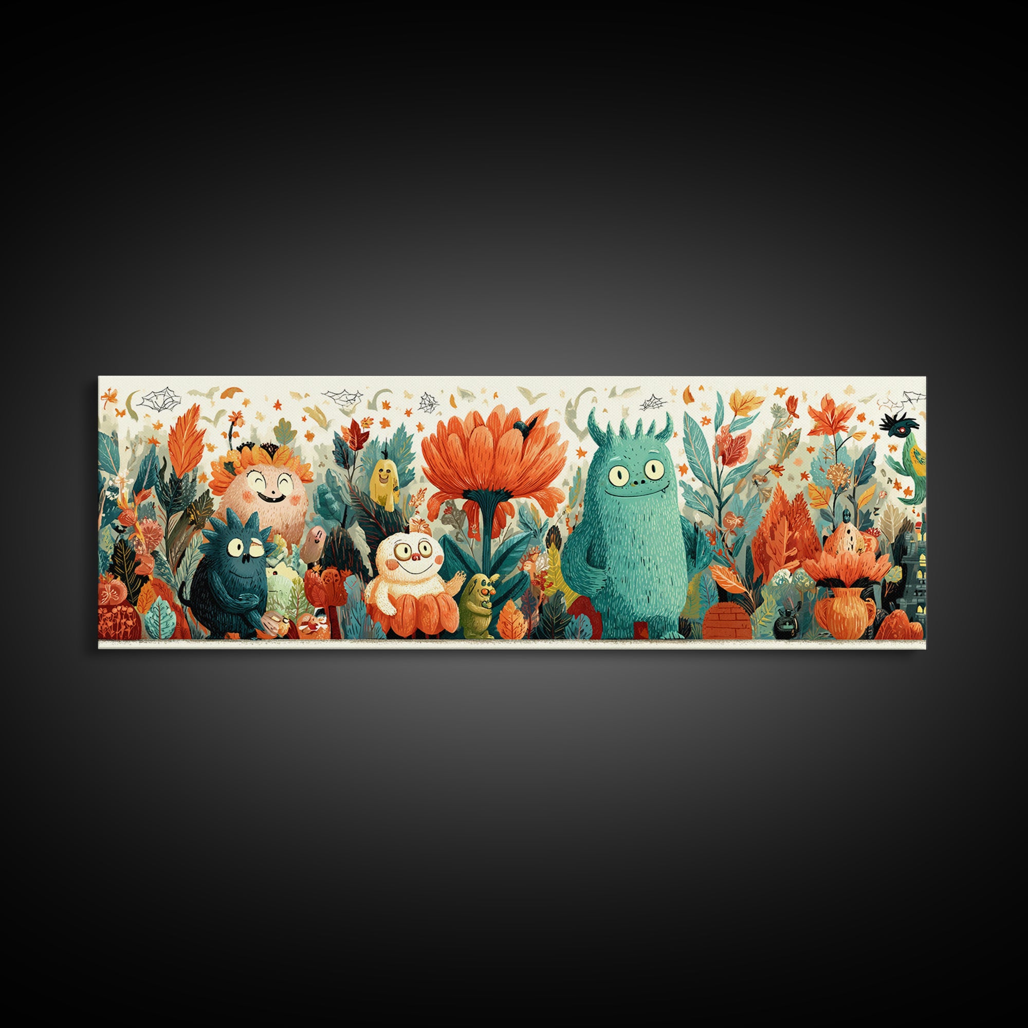The Monster Flower Shop, Retro Halloween Art, Extra Wide Wall Art, Canvas Print, Cute Halloween Wall Art