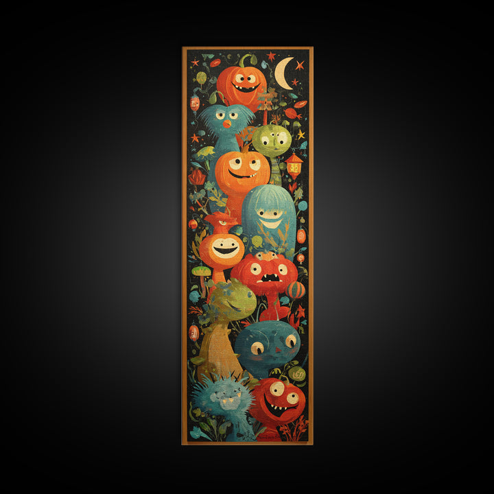 The Monster Hide-And-Seek Game, Screenprint Halloween Art, Tall Narrow Wall Art, Framed Canvas Print, Cute Halloween Wall Art