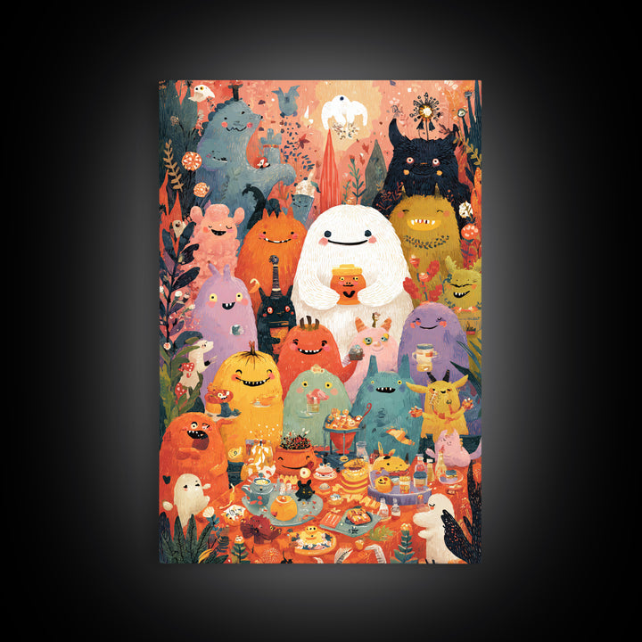 The Monster Friendship Picnic, Folk Halloween Art, Vertical Wall Art, Canvas Print, Cute Halloween Wall Art