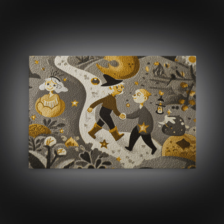 The Trick-Or-Treat Treasure Hunt, Linocut Halloween Art, Landscape Wall Art, Framed Canvas Print, Cute Halloween Wall Art