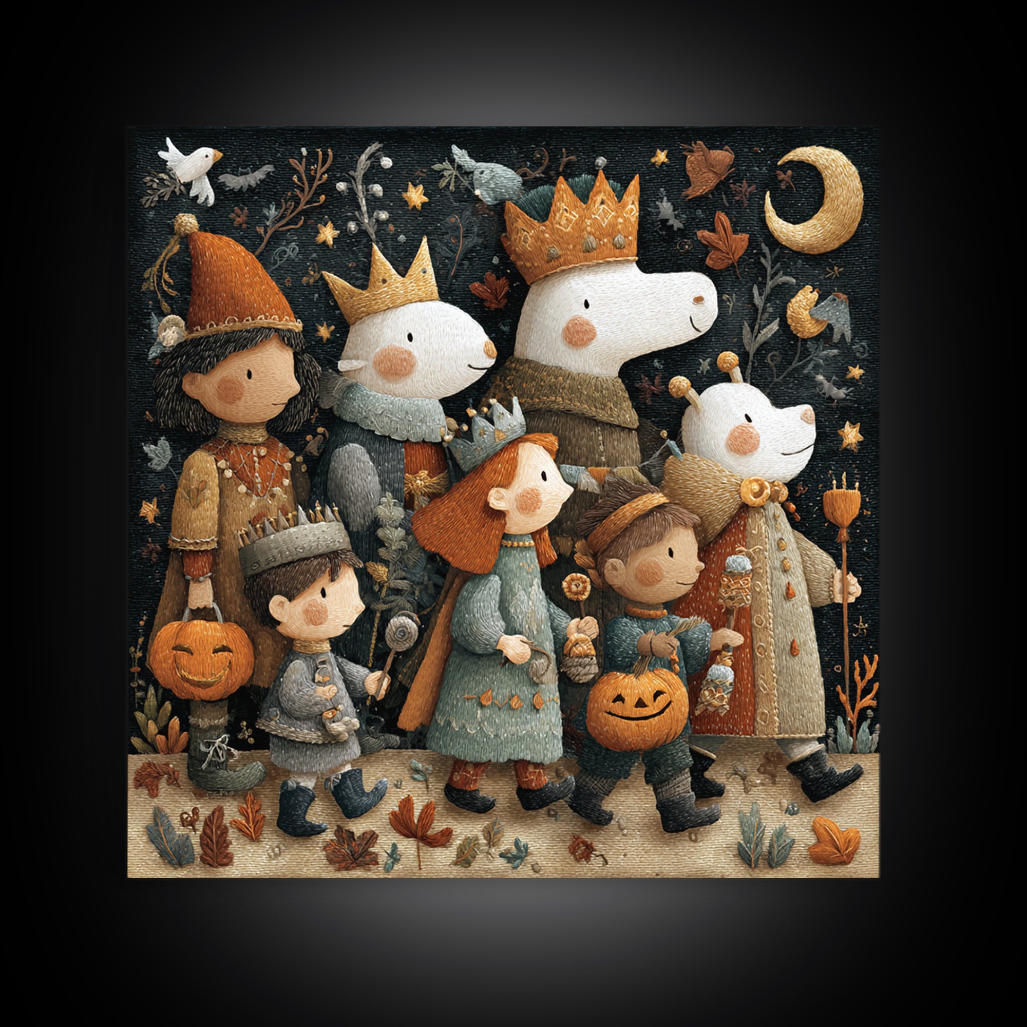 The Costume Parade, Embroidered Halloween Art, Square Wall Art, Canvas Print, Cute Halloween Wall Art