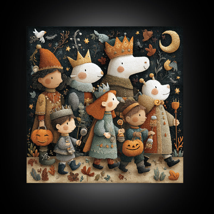The Costume Parade, Embroidered Halloween Art, Square Wall Art, Canvas Print, Cute Halloween Wall Art