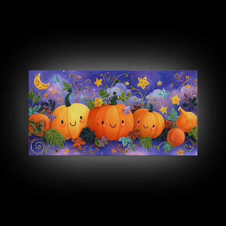The Pumpkin Painting Party, Quilled Halloween Art, Wide Panoramic Art, Framed Canvas Print, Cute Halloween Wall Art