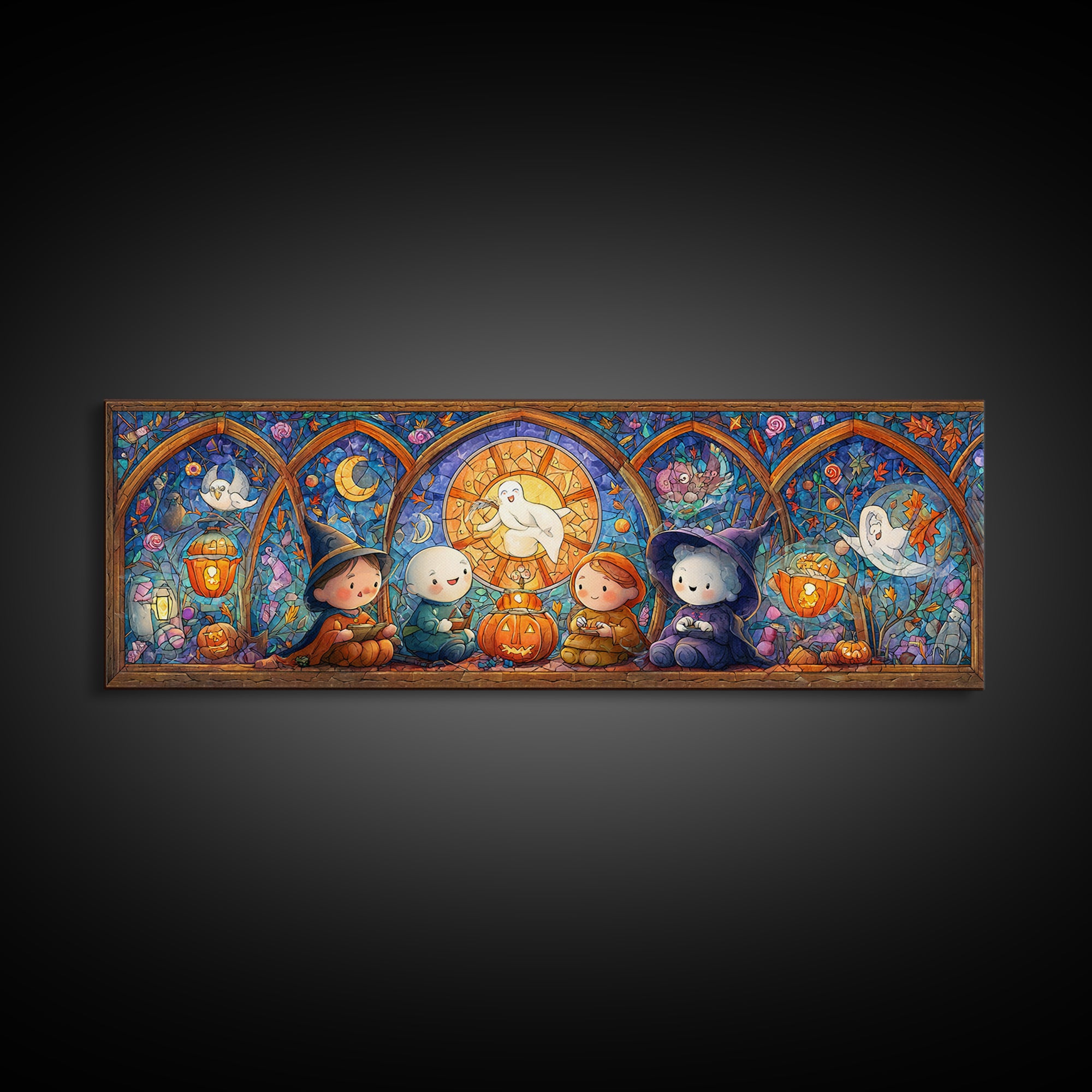 The Halloween Story Circle, Stained Glass Halloween, Extra Wide Wall Art, Canvas Print, Cute Halloween Wall Art