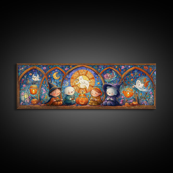 The Halloween Story Circle, Stained Glass Halloween, Extra Wide Wall Art, Canvas Print, Cute Halloween Wall Art