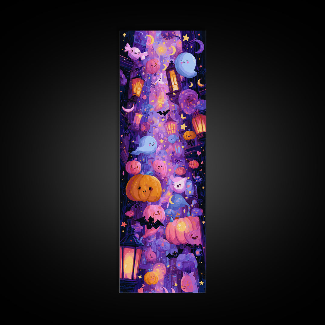 The Moonlight Dance Party, Vaporwave Halloween Art, Tall Narrow Wall Art, Framed Canvas Print, Cute Halloween Wall Art