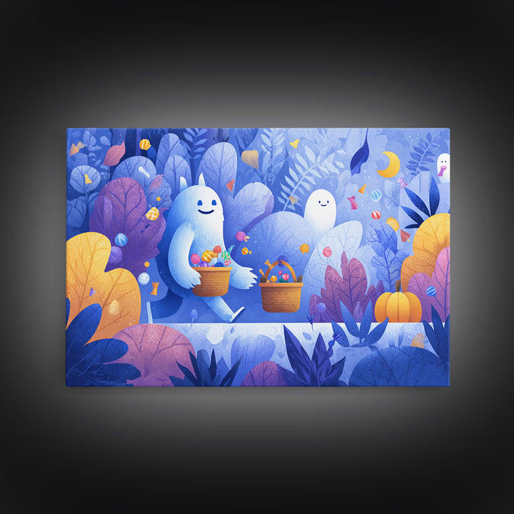 The Candy Bucket Relay Race, Vector Halloween Art, Landscape Wall Art, Framed Canvas Print, Cute Halloween Wall Art