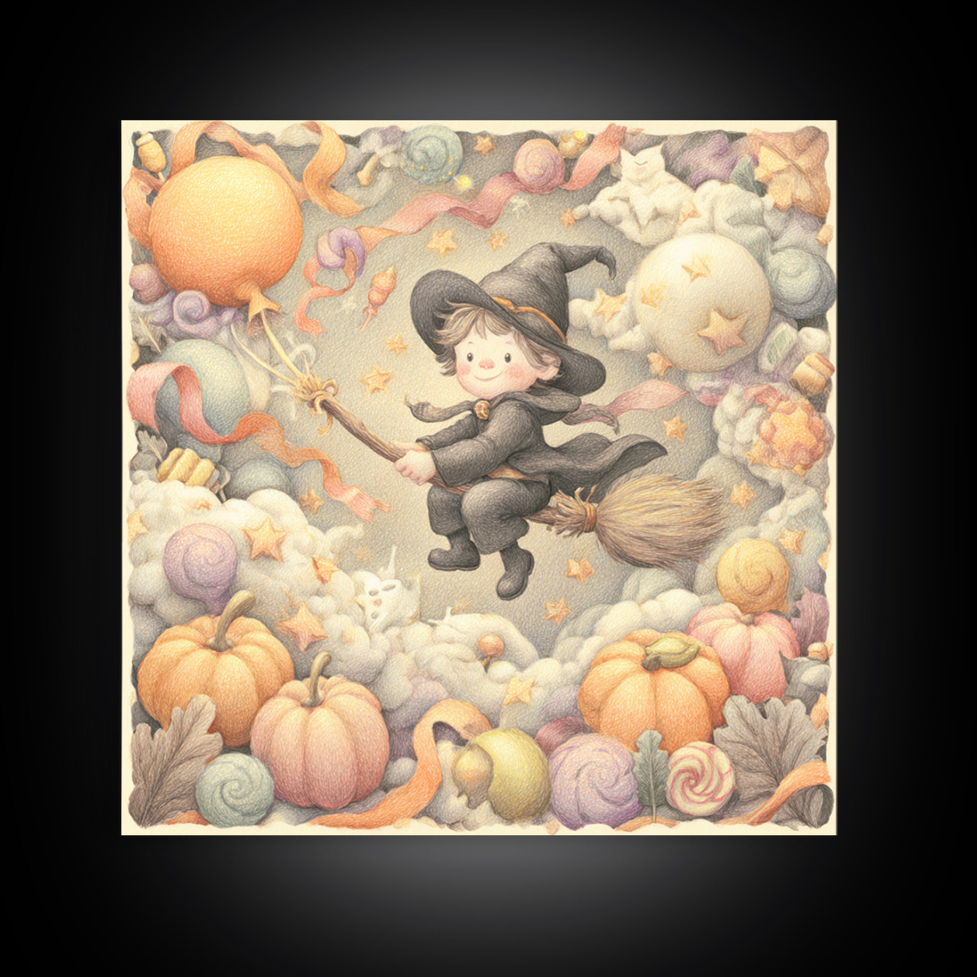 The Broomstick Obstacle Course, Hand Sketch Halloween Art, Square Wall Art, Canvas Print, Cute Halloween Wall Art