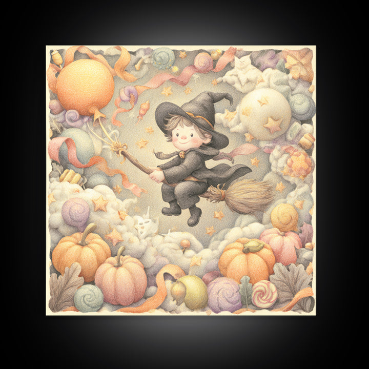The Broomstick Obstacle Course, Hand Sketch Halloween Art, Square Wall Art, Canvas Print, Cute Halloween Wall Art