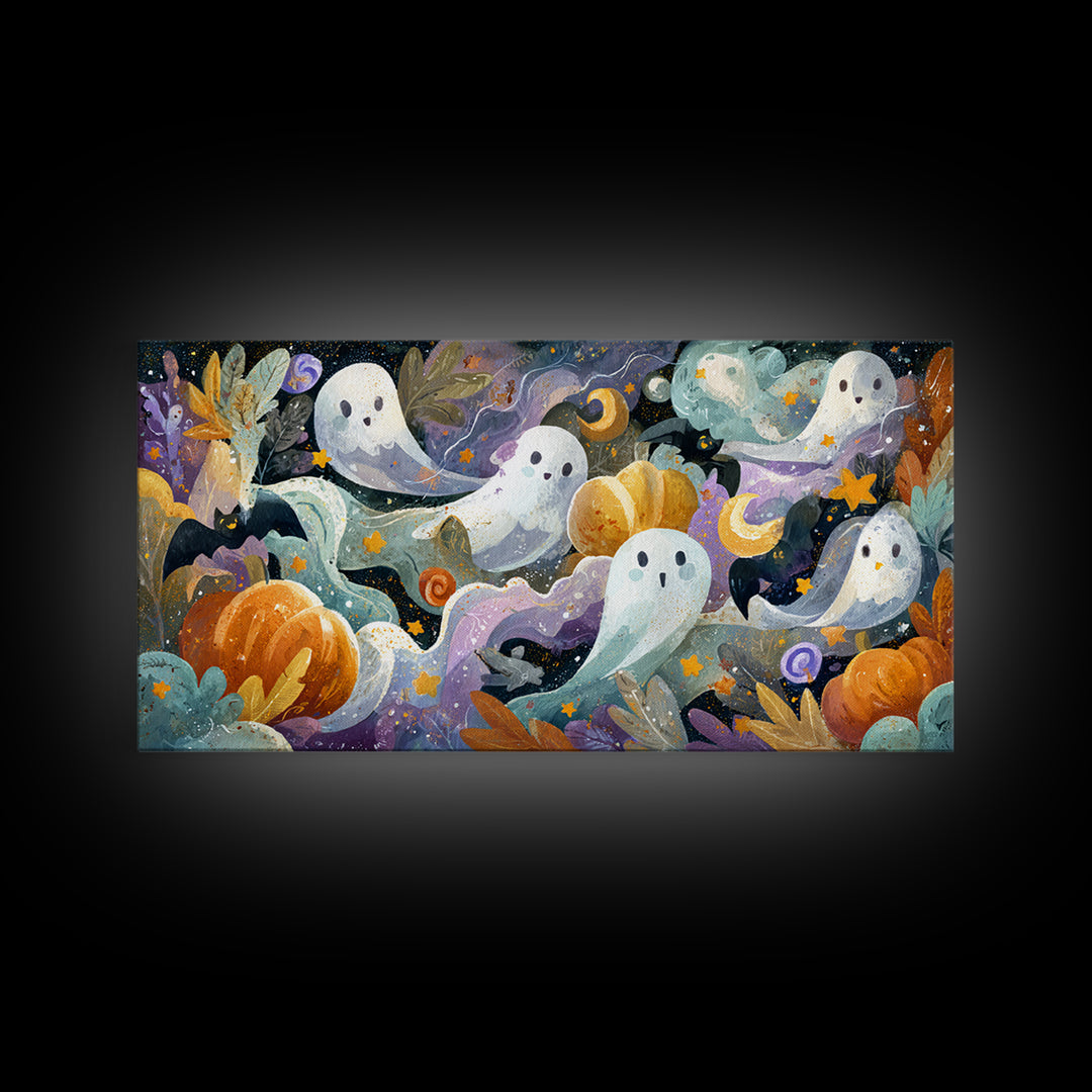 The Halloween Craft Table, Watercolor Halloween Art, Wide Panoramic Art, Framed Canvas Print, Cute Halloween Wall Art
