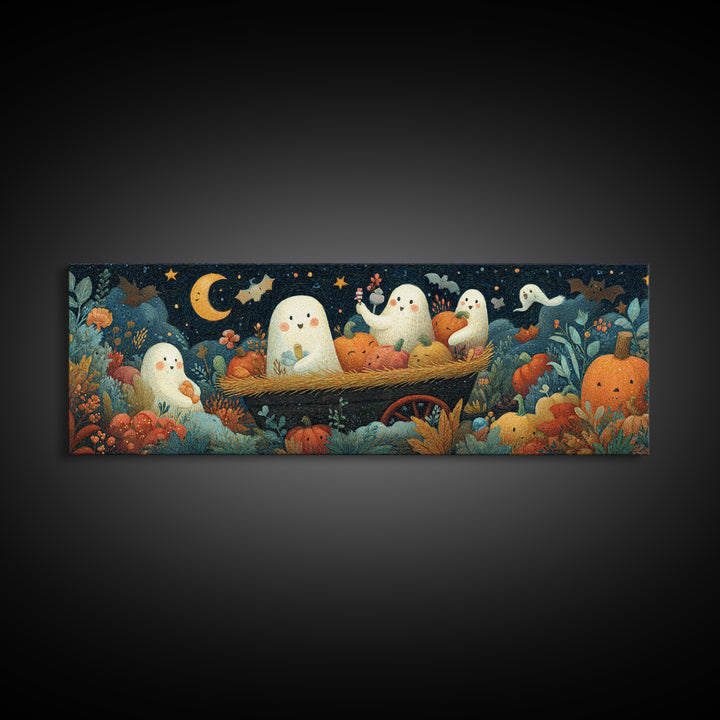 The Friendly Haunted Hayride, Gouache Halloween Art, Extra Wide Wall Art, Canvas Print, Cute Halloween Wall Art