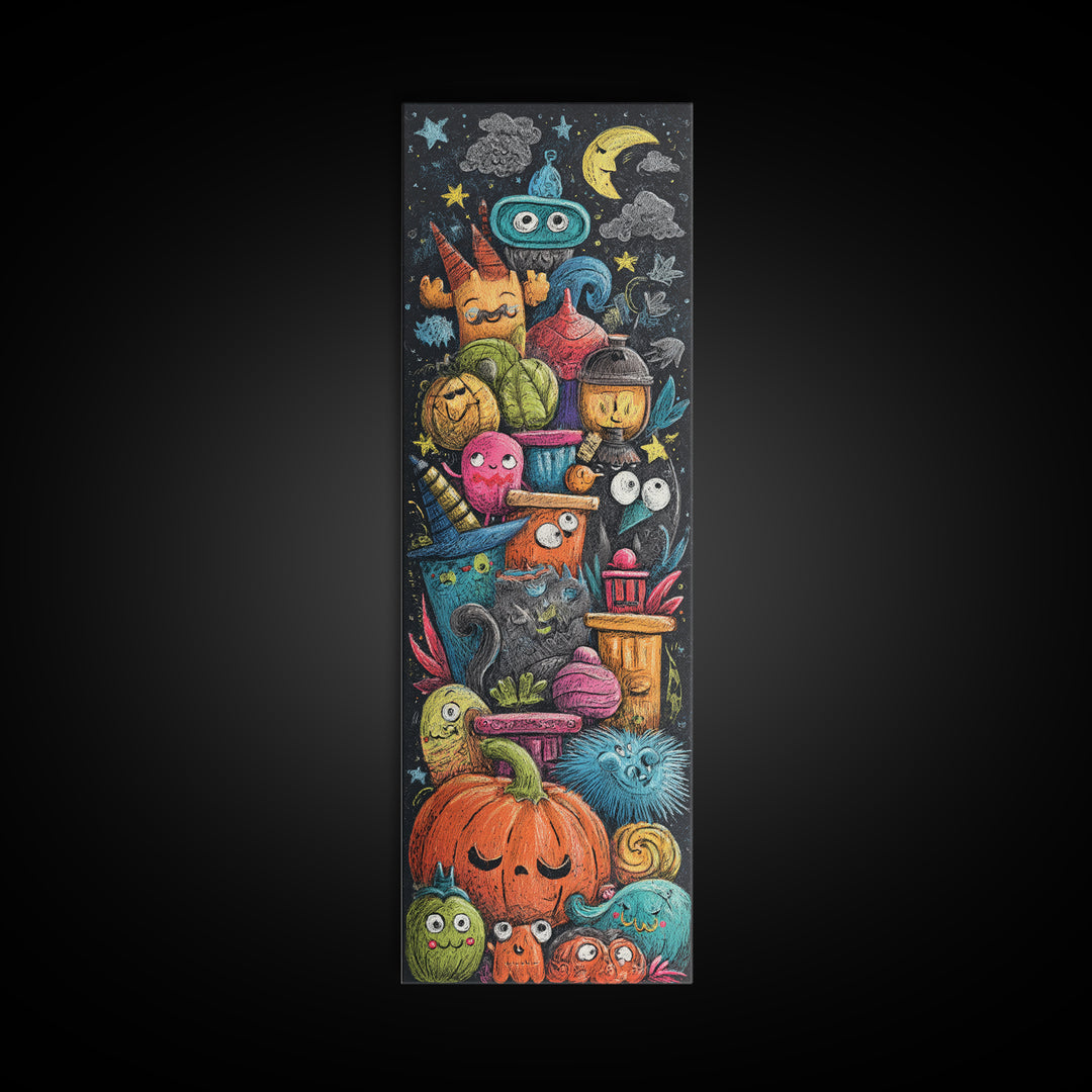 The Costume Photo Booth, Crayon Halloween Art, Tall Narrow Wall Art, Framed Canvas Print, Cute Halloween Wall Art