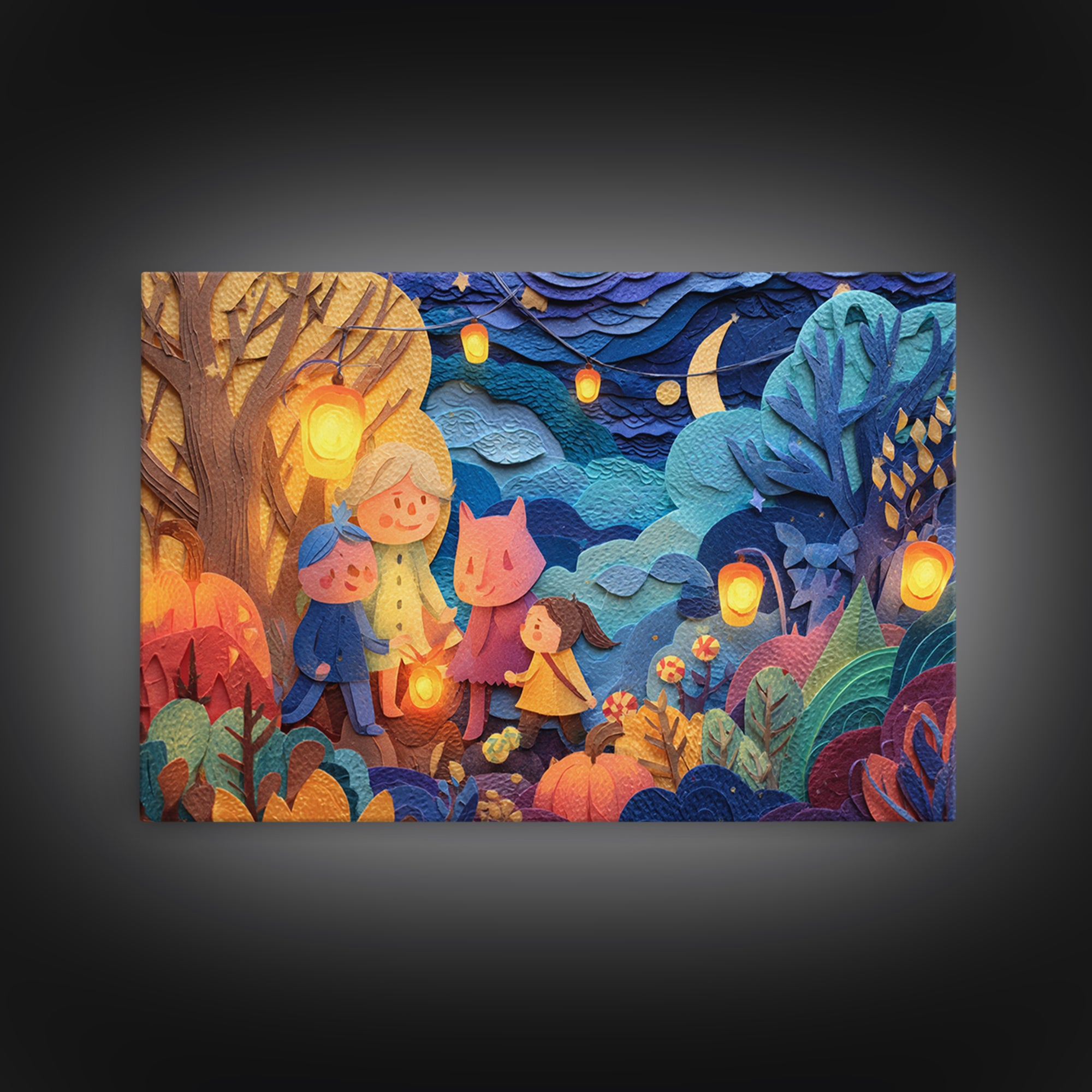 The Lantern-Making Festival, Paper Collage Halloween, Landscape Wall Art, Framed Canvas Print, Cute Halloween Wall Art