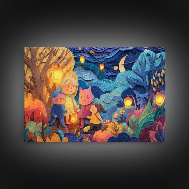 The Lantern-Making Festival, Paper Collage Halloween, Landscape Wall Art, Framed Canvas Print, Cute Halloween Wall Art