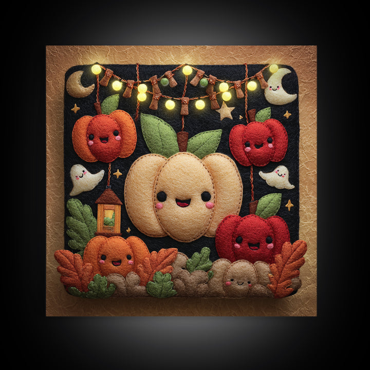 The Candy Apple Dance, Felt Halloween Art, Square Wall Art, Canvas Print, Cute Halloween Wall Art, Halloween Kids Decor