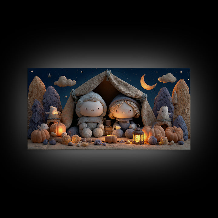 The Halloween Sleepover, Clay Halloween Art, Wide Panoramic Art, Framed Canvas Print, Cute Halloween Wall Art