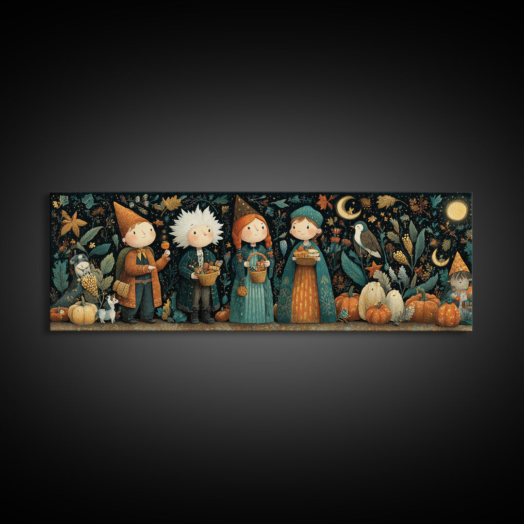The Moonlit Scavenger Hunt, Plush Halloween Art, Extra Wide Wall Art, Canvas Print, Cute Halloween Wall Art