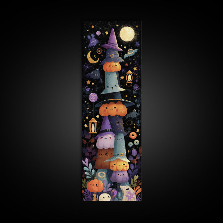 The Witch Hat Ring Toss, Kawaii Halloween Art, Tall Narrow Wall Art, Framed Canvas Print, Cute Halloween Wall Art