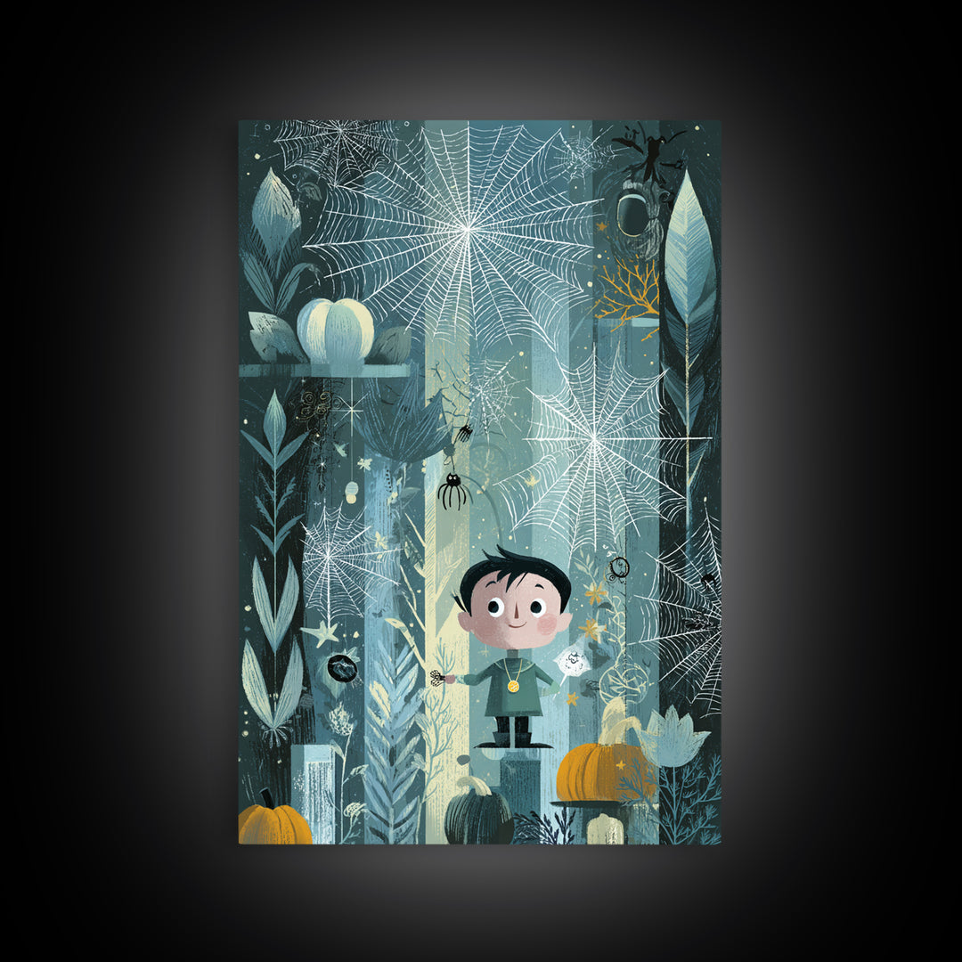 The Great Cobweb Knitting Contest, Retro Halloween Art, Vertical Wall Art, Canvas Print, Cute Halloween Wall Art