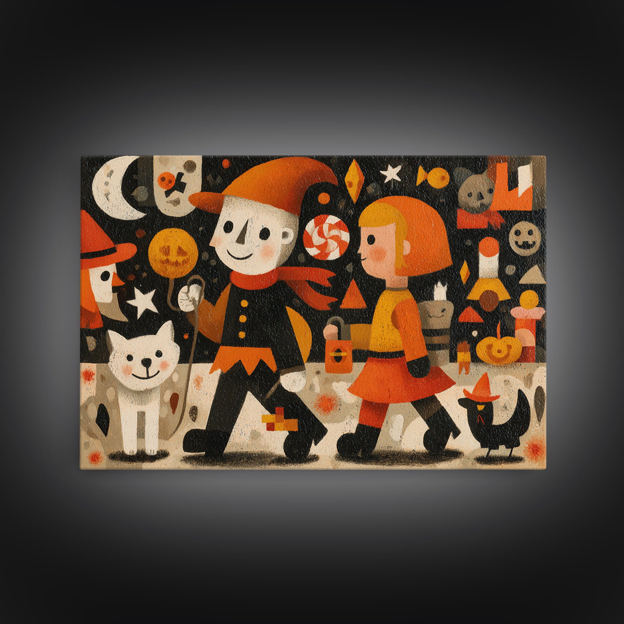 The Halloween Pet Parade, Screenprint Halloween Art, Landscape Wall Art, Framed Canvas Print, Cute Halloween Wall Art