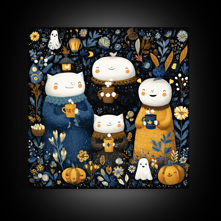 The Midnight Cocoa Party, Folk Halloween Art, Square Wall Art, Canvas Print, Cute Halloween Wall Art