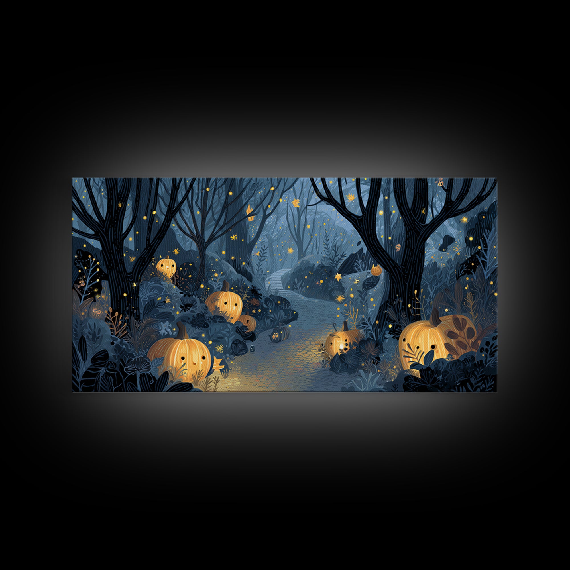 The Firefly Lantern Forest, Linocut Halloween Art, Wide Panoramic Art, Framed Canvas Print, Cute Halloween Wall Art
