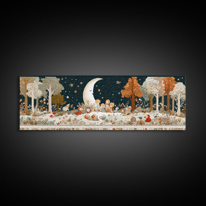 The Smiling Moon Meadow, Embroidered Halloween Art, Extra Wide Wall Art, Canvas Print, Cute Halloween Wall Art